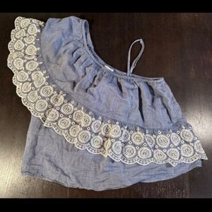 American Eagle Outfitters One Shoulder Blue and White Embroidered Top Size M